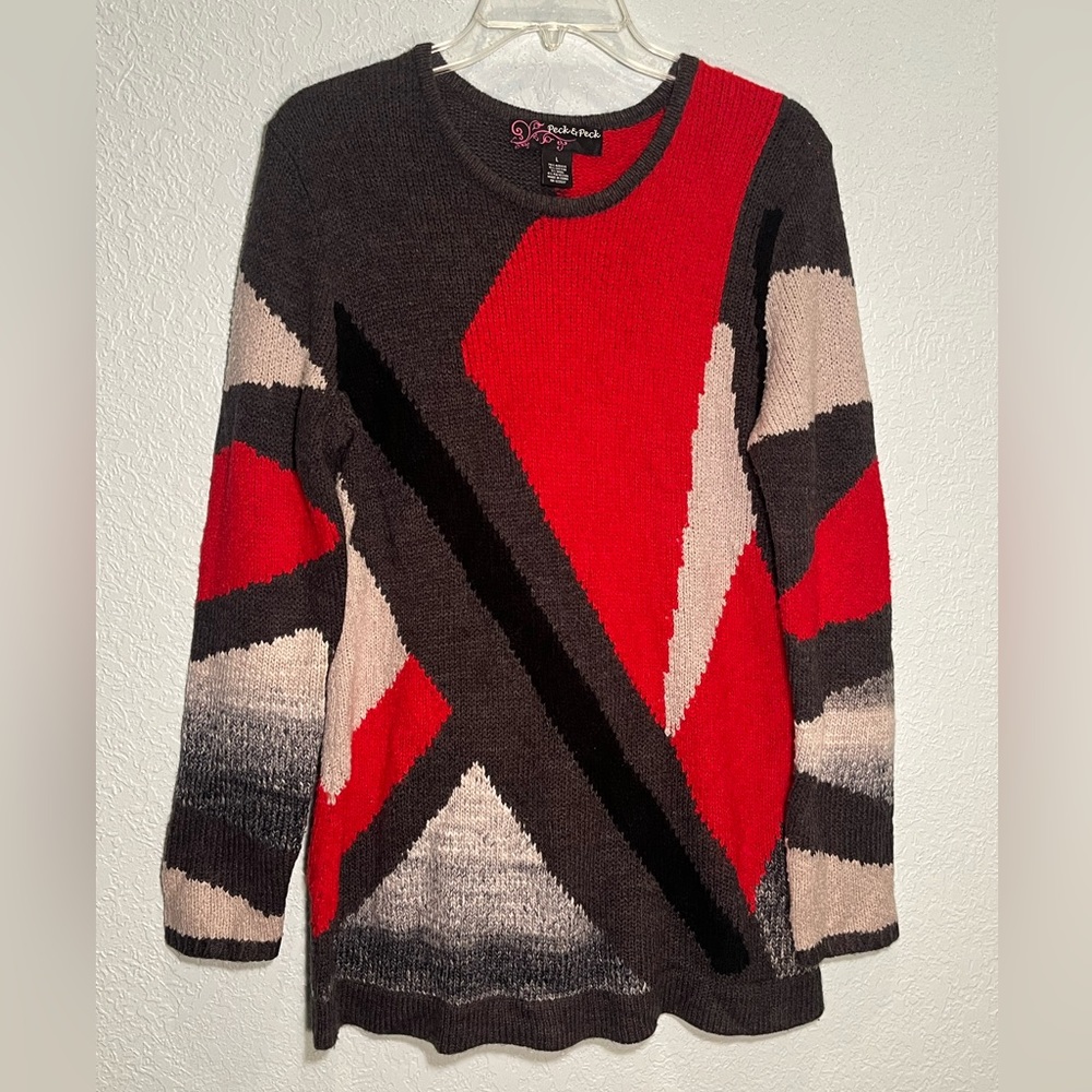 Peck & Peck Beautiful Gray & Red Color Block Tuni… - image 1